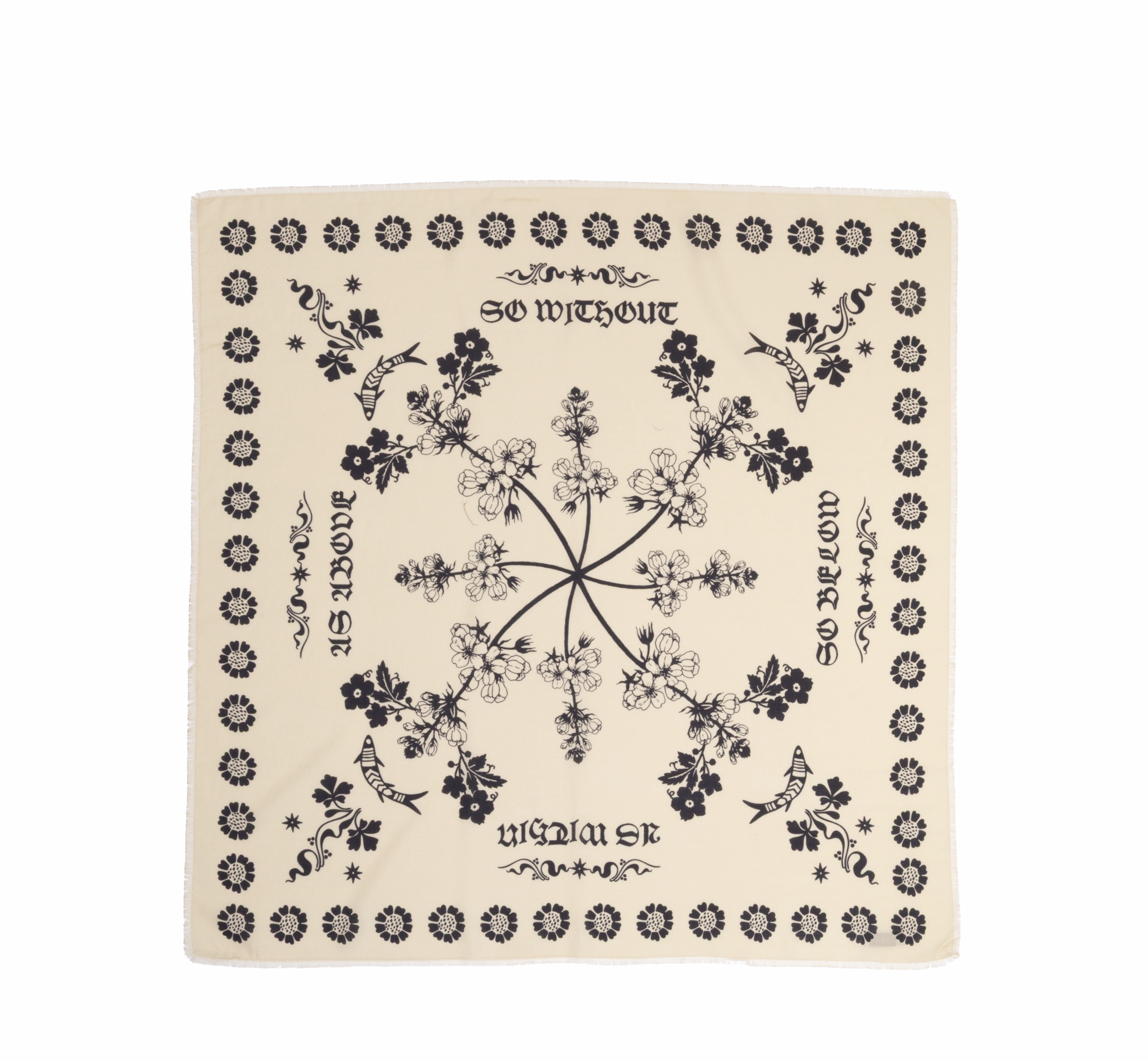 Beige bandana with black floral and text design on a beige background
