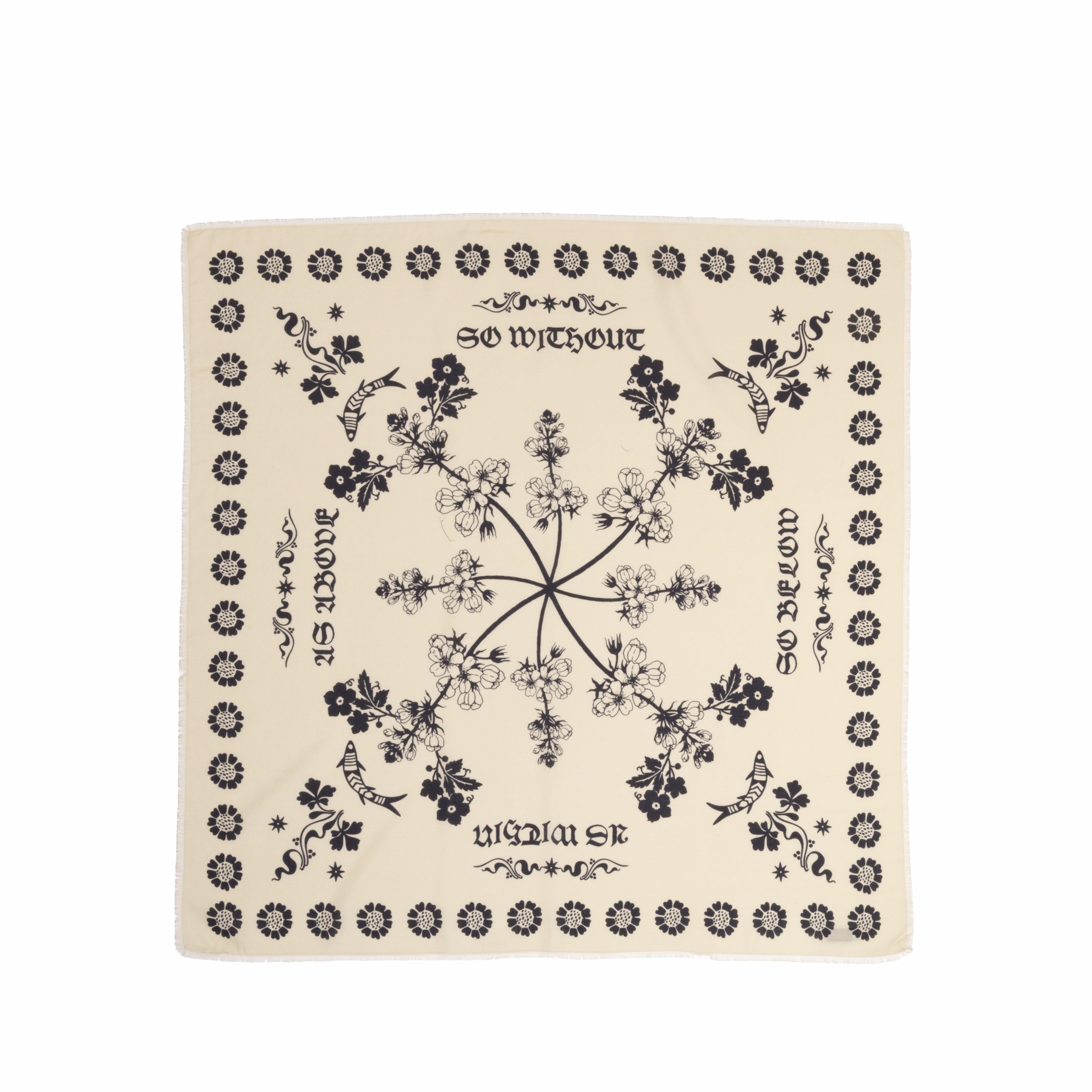 Beige bandana with black floral and text design on a beige background